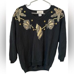 Rafael Seashell Top Women’s Medium Black Gold Dangling Shell Appliqués VTG